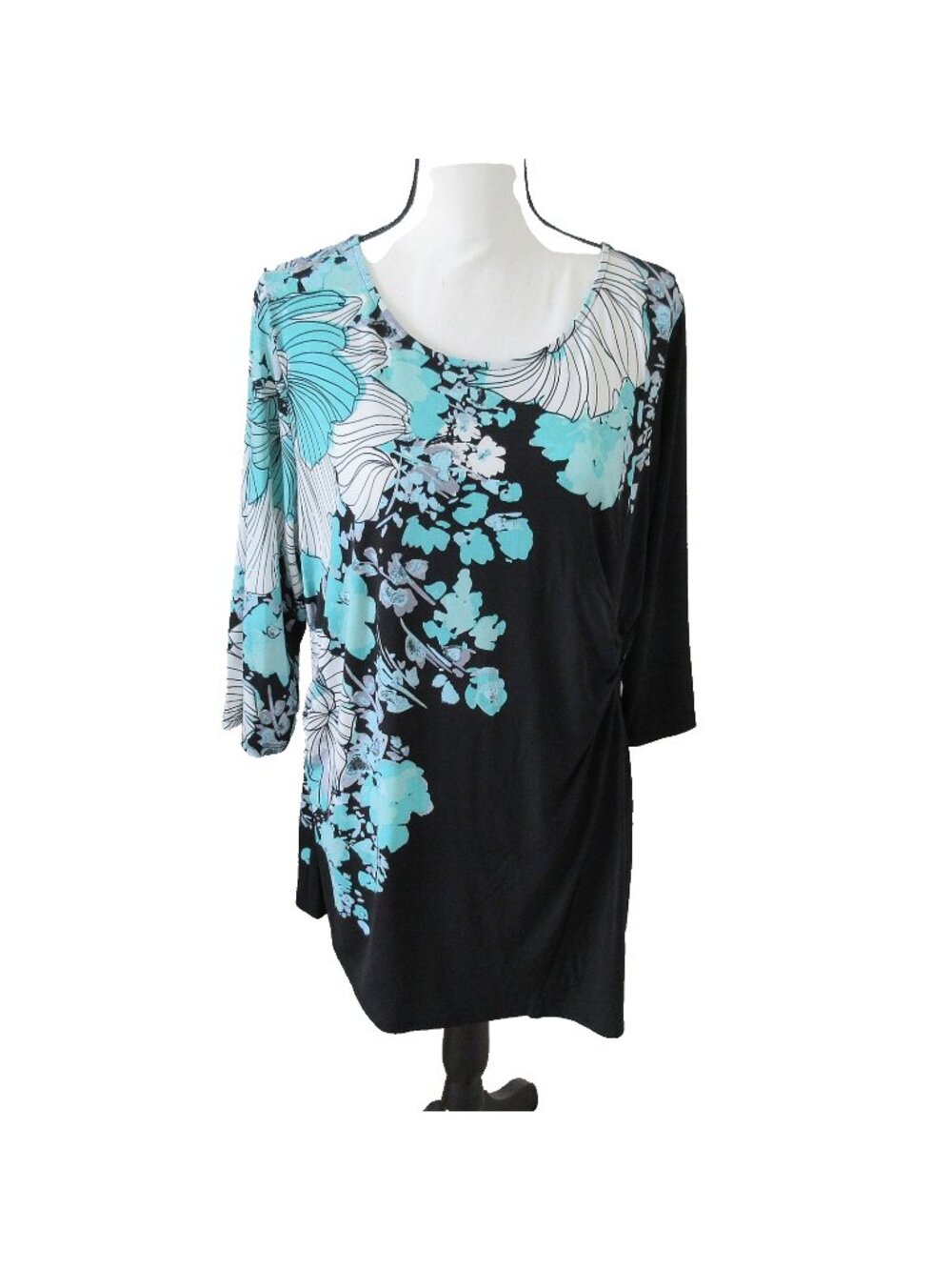 Alfani Women 2X Asymmetrical Side-Twist Tunic Top 3/4 Sleeves Aqua Black White